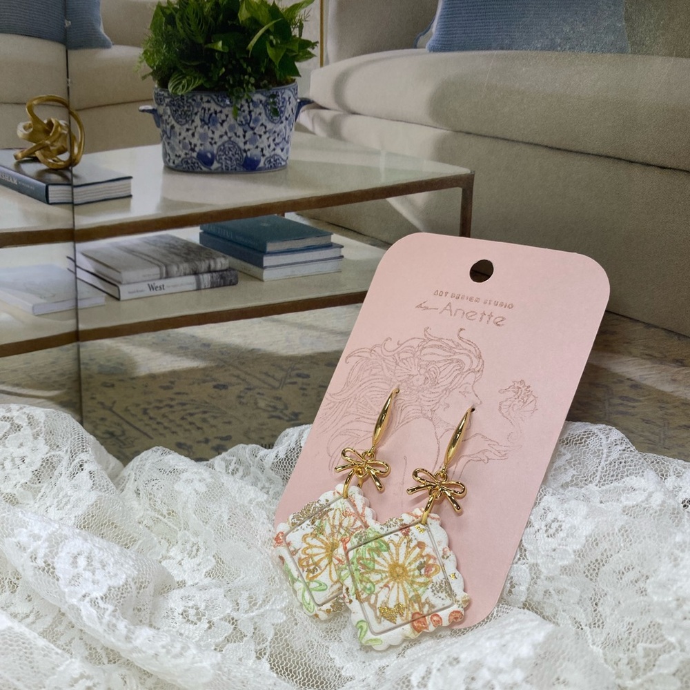 “ANASTASIA” Floral Hand-Painted Earrings with Gold Accents